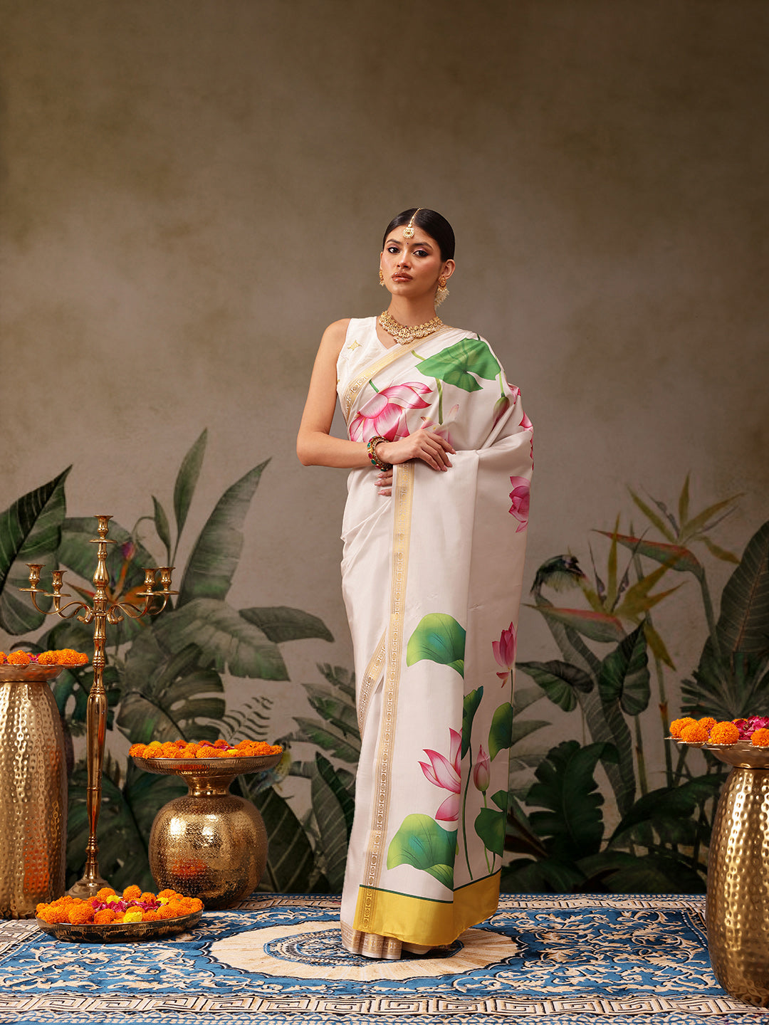 Kerala Style Digital Printed Silk Saree for Onam, Temple, & Ethnic Wear with Printed Blouse