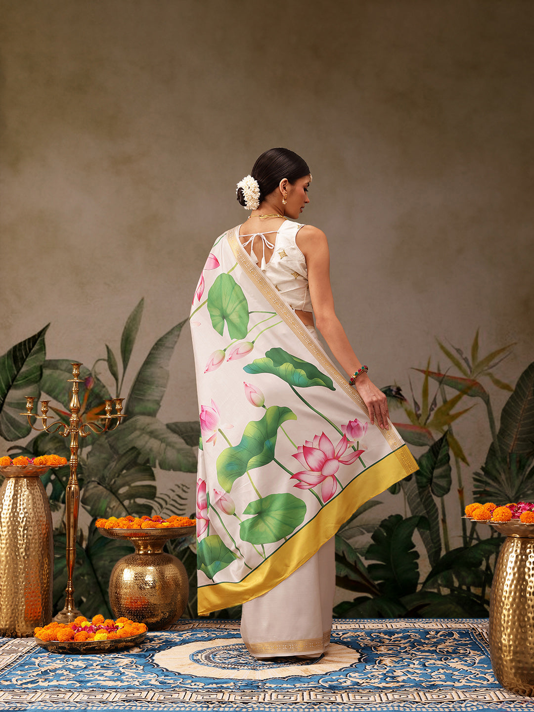 Kerala Style Digital Printed Silk Saree for Onam, Temple, & Ethnic Wear with Printed Blouse