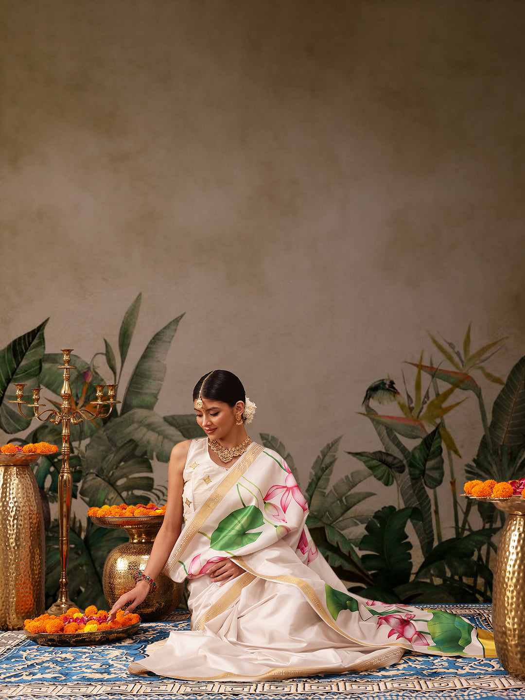 Kerala Style Digital Printed Silk Saree for Onam, Temple, & Ethnic Wear with Printed Blouse