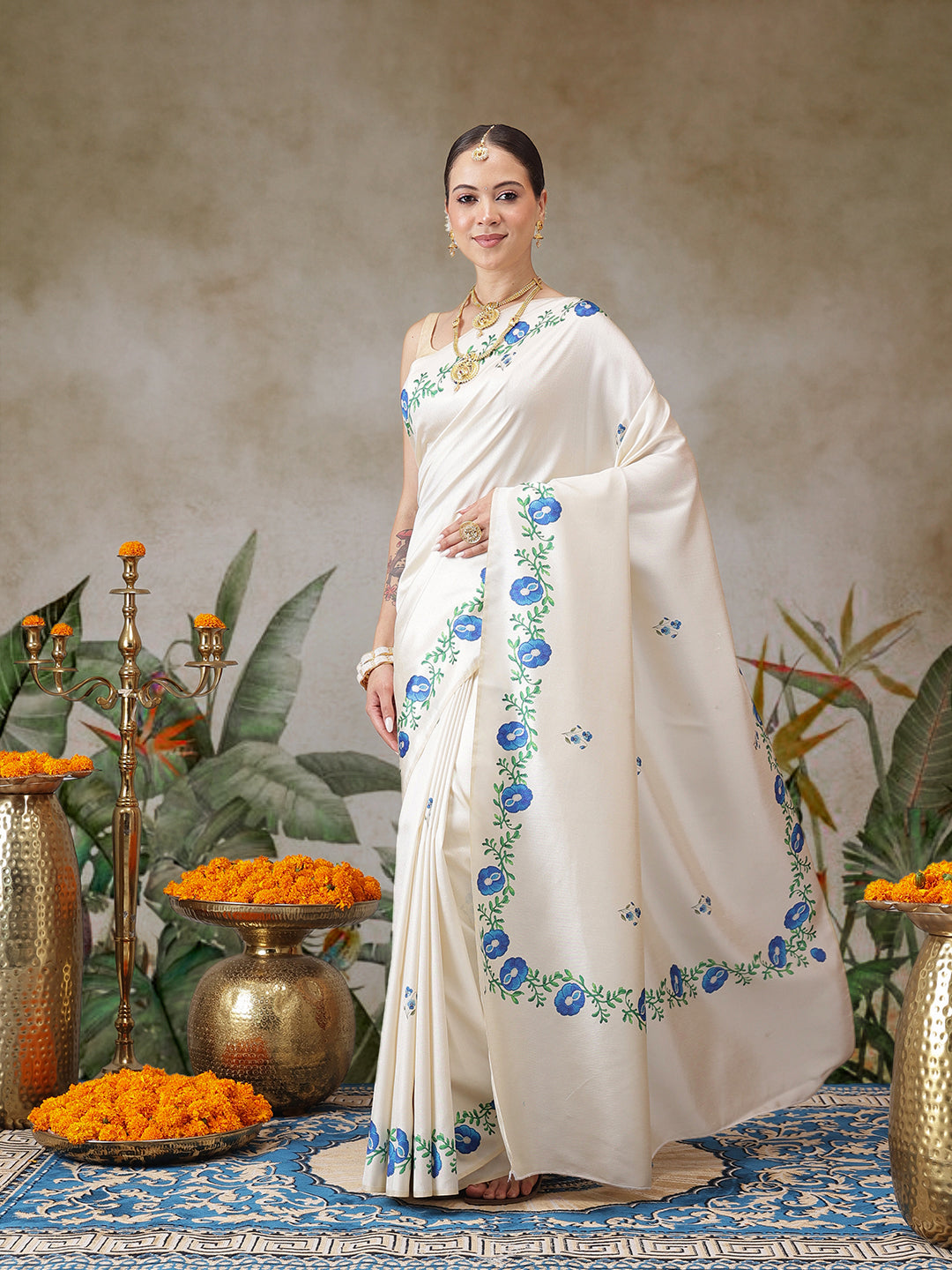 Kerala Style Digital Printed Silk Saree for Onam, Temple, & Ethnic Wear with Printed Blouse