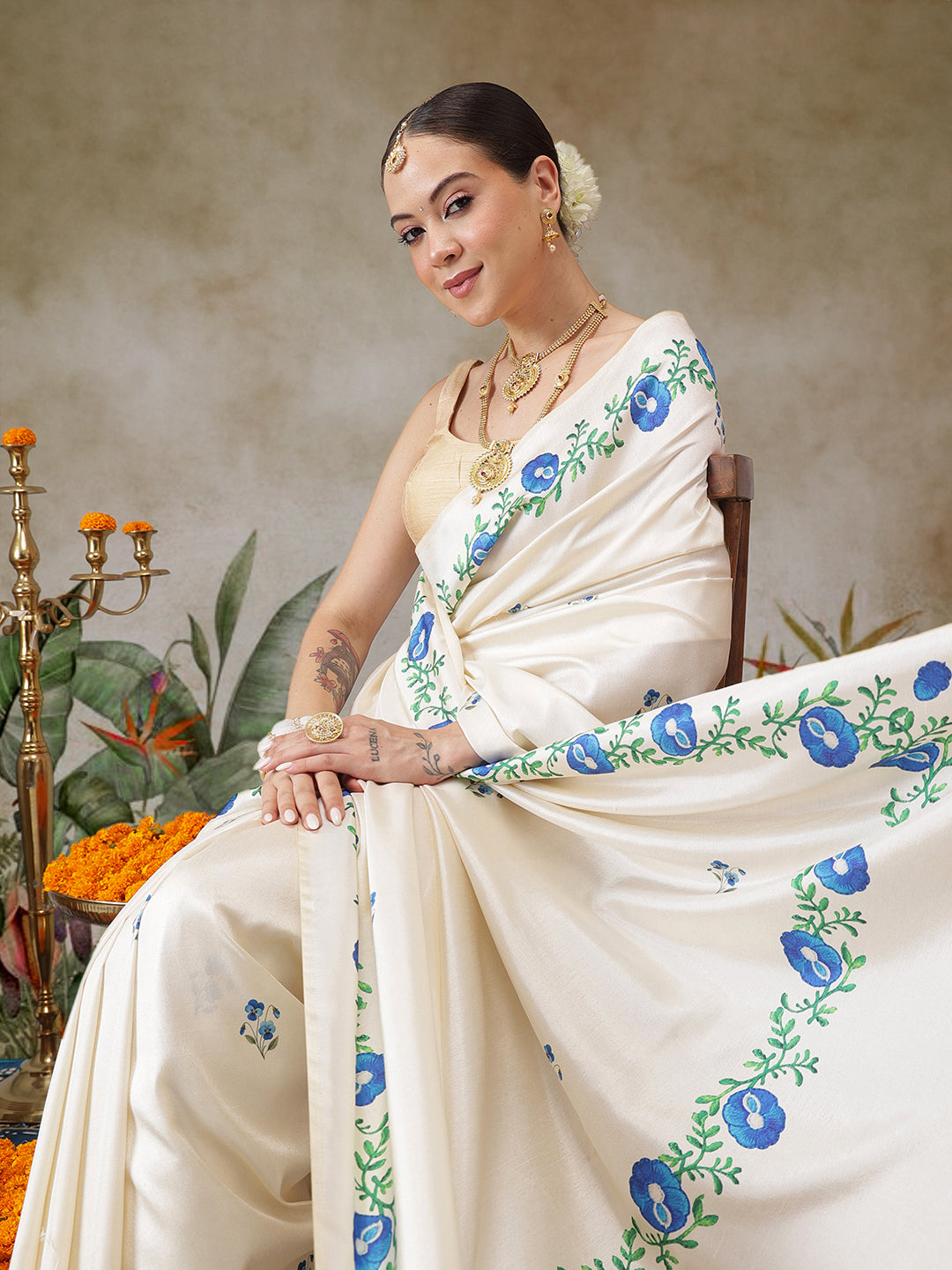Kerala Style Digital Printed Silk Saree for Onam, Temple, & Ethnic Wear with Printed Blouse