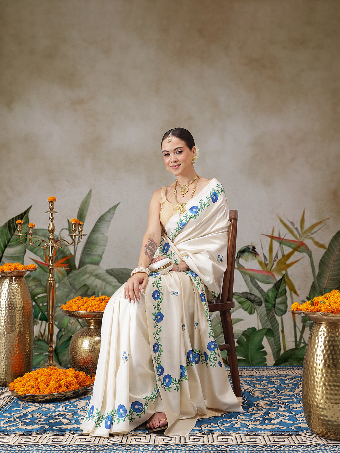 Kerala Style Digital Printed Silk Saree for Onam, Temple, & Ethnic Wear with Printed Blouse