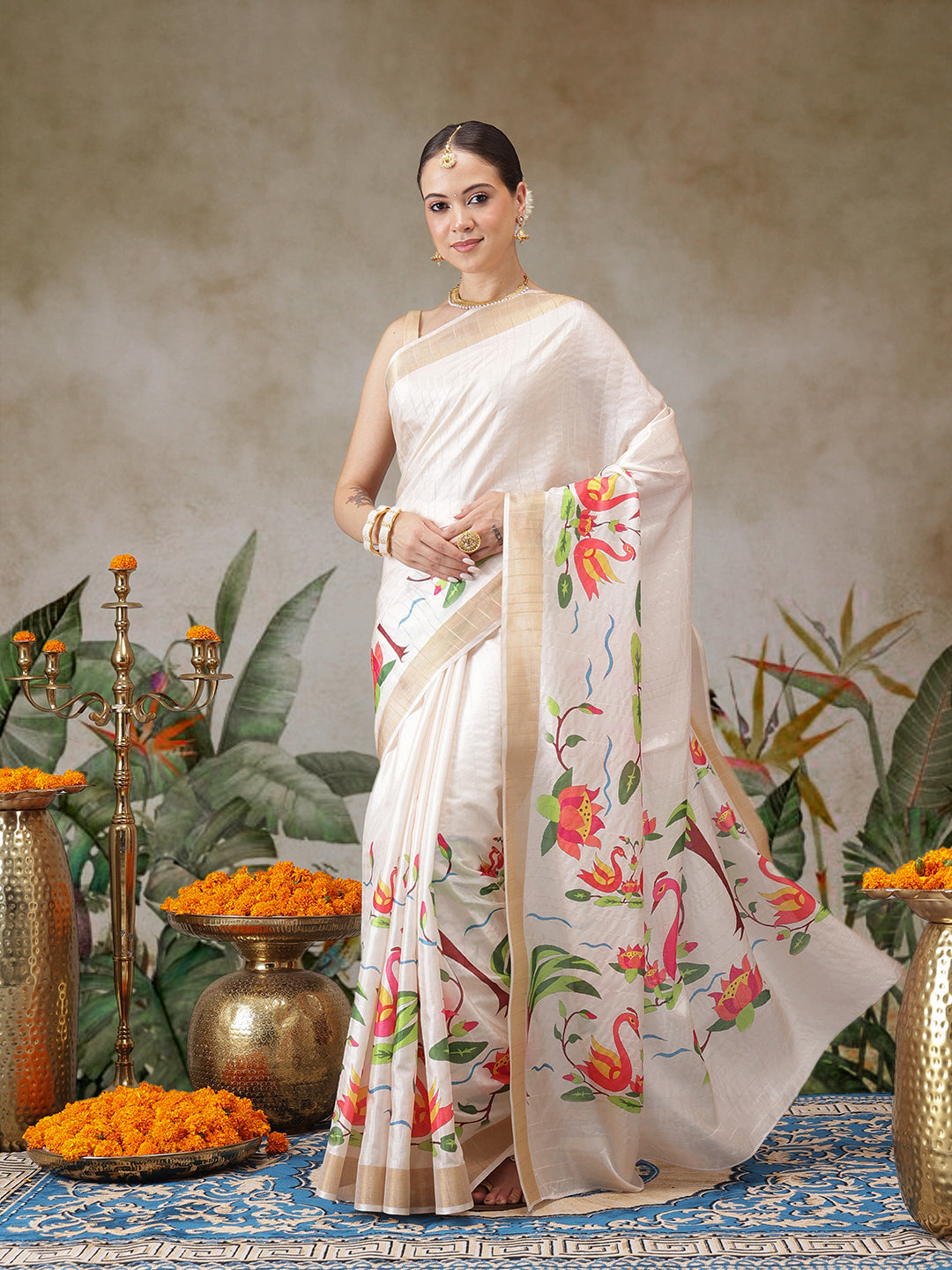 Kerala Style Digital Printed Silk Saree for Onam, Temple, & Ethnic Wear with Printed Blouse