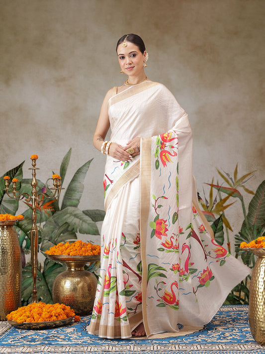 Kerala Style Digital Printed Silk Saree for Onam, Temple, & Ethnic Wear with Printed Blouse