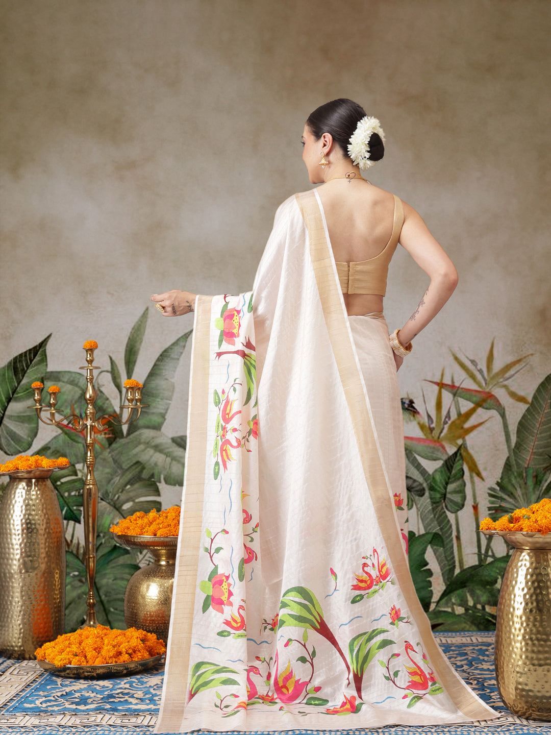 Kerala Style Digital Printed Silk Saree for Onam, Temple, & Ethnic Wear with Printed Blouse