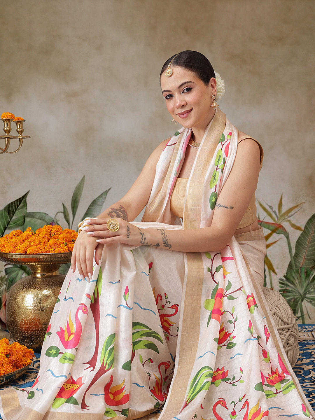 Kerala Style Digital Printed Silk Saree for Onam, Temple, & Ethnic Wear with Printed Blouse