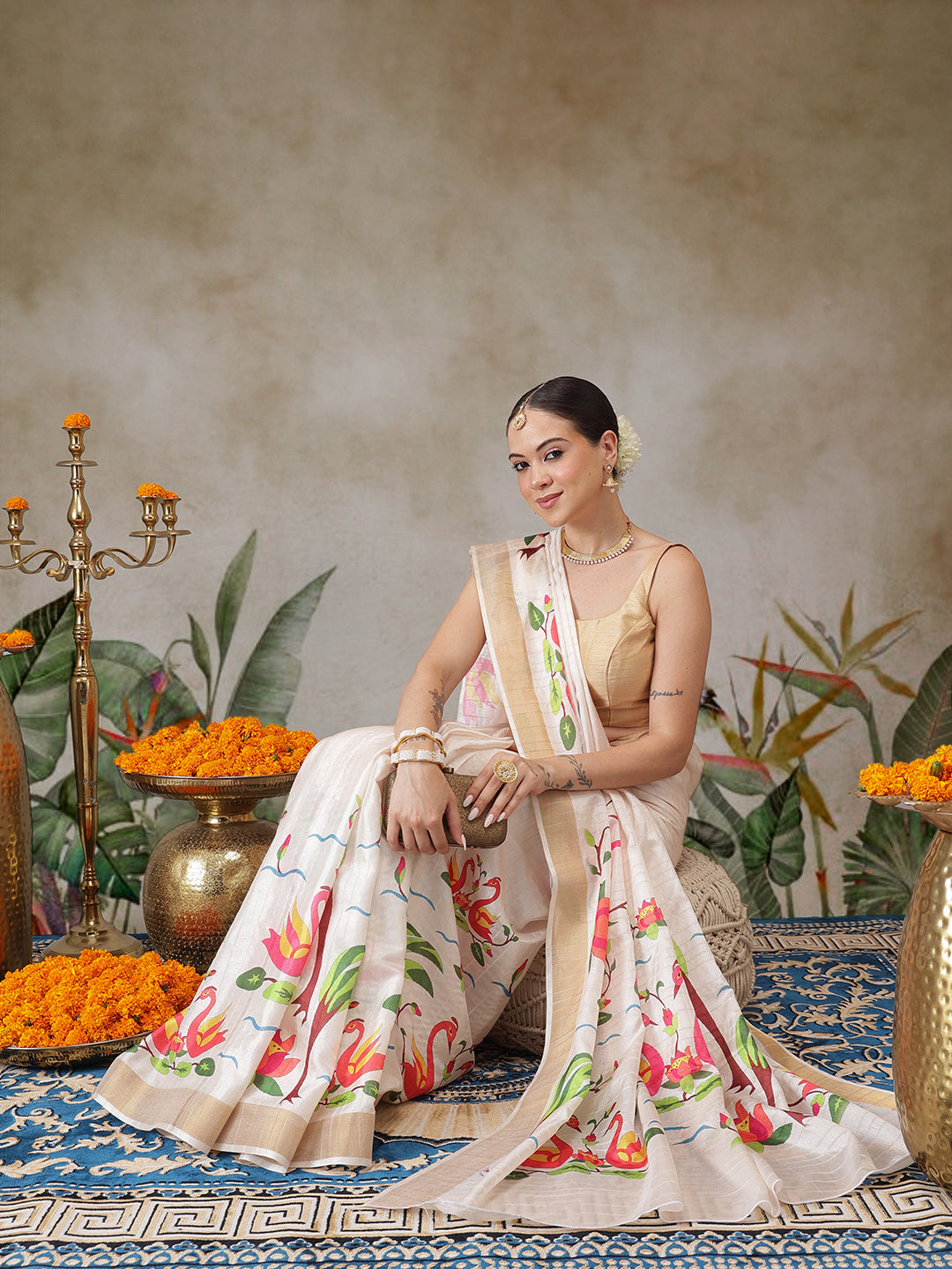 Kerala Style Digital Printed Silk Saree for Onam, Temple, & Ethnic Wear with Printed Blouse