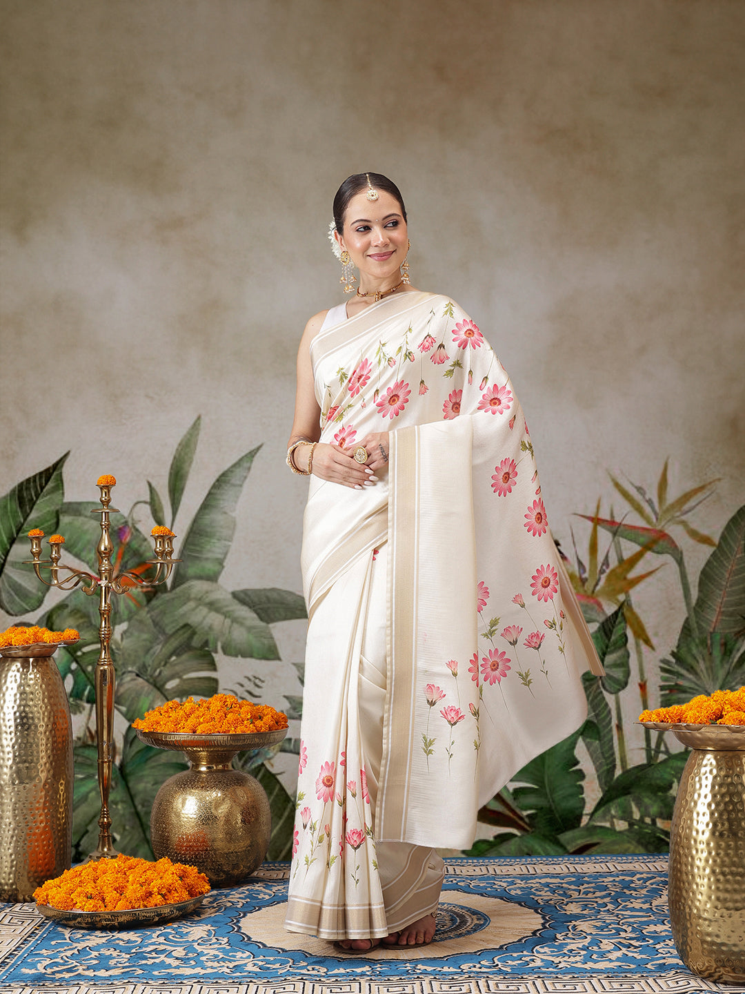 Kerala Style Digital Printed Silk Saree for Onam, Temple, & Ethnic Wear with Printed Blouse