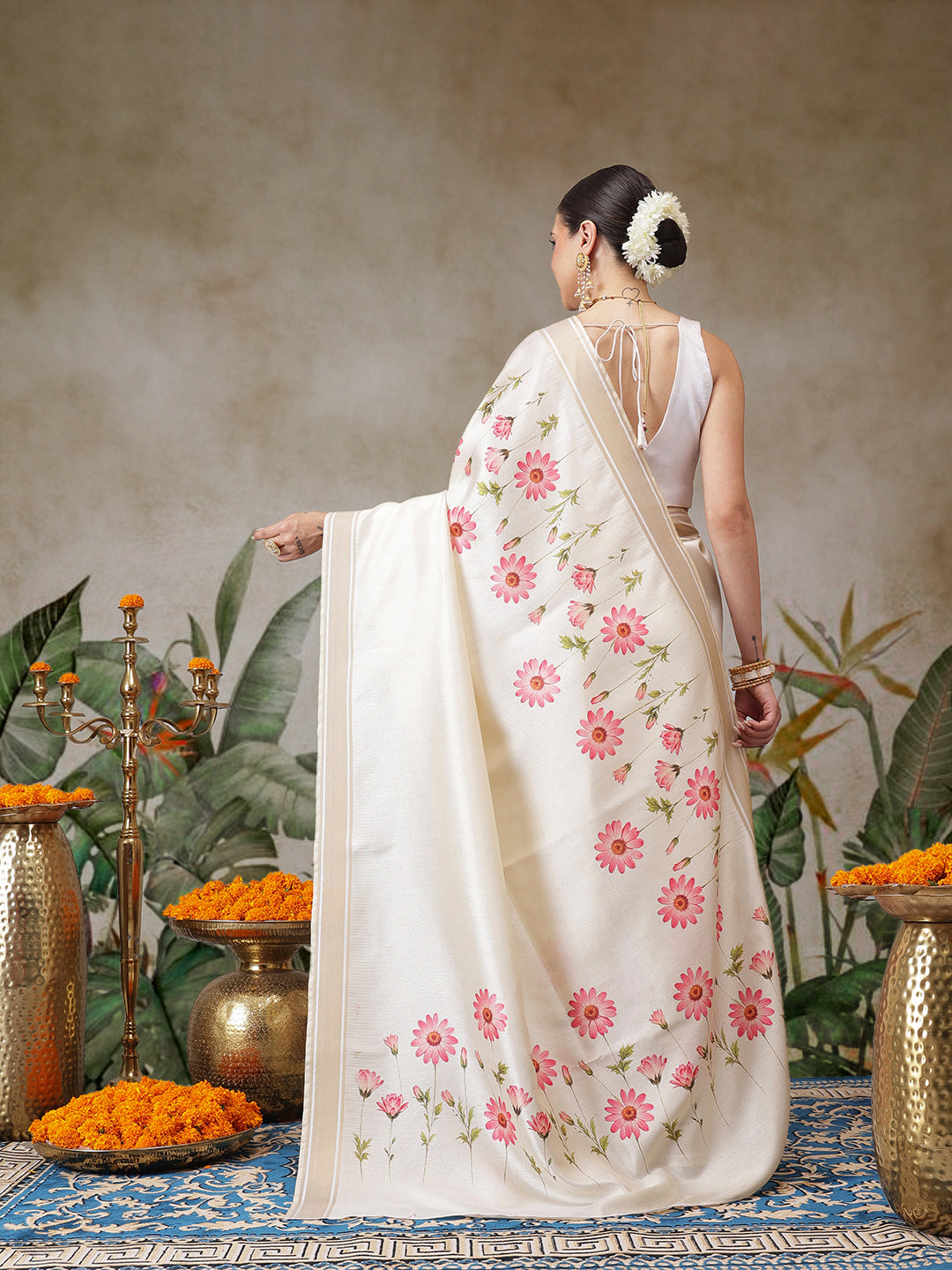 Kerala Style Digital Printed Silk Saree for Onam, Temple, & Ethnic Wear with Printed Blouse