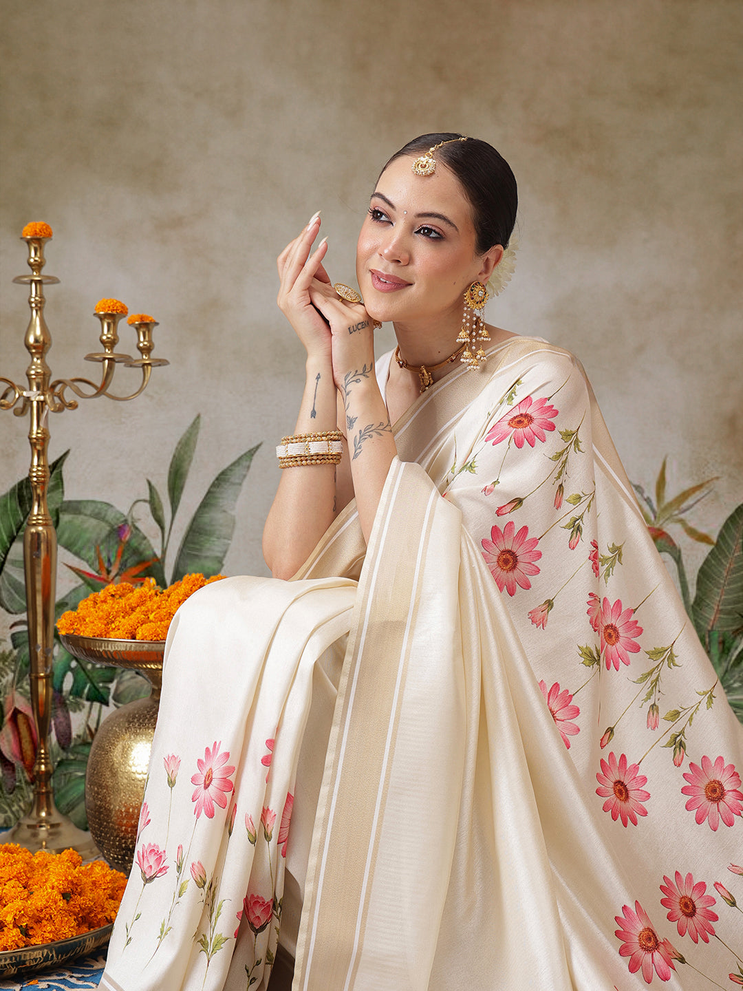 Kerala Style Digital Printed Silk Saree for Onam, Temple, & Ethnic Wear with Printed Blouse
