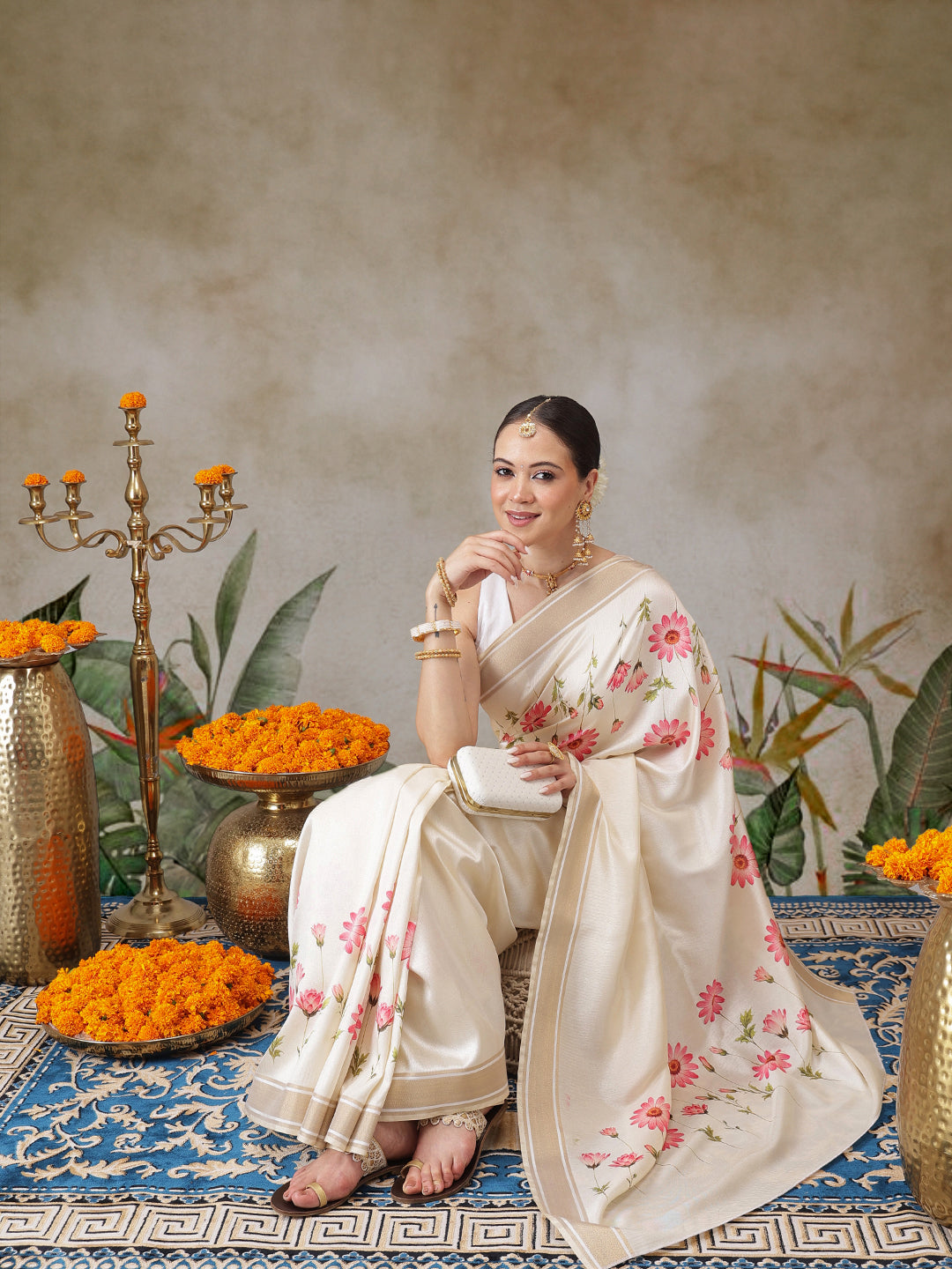 Kerala Style Digital Printed Silk Saree for Onam, Temple, & Ethnic Wear with Printed Blouse