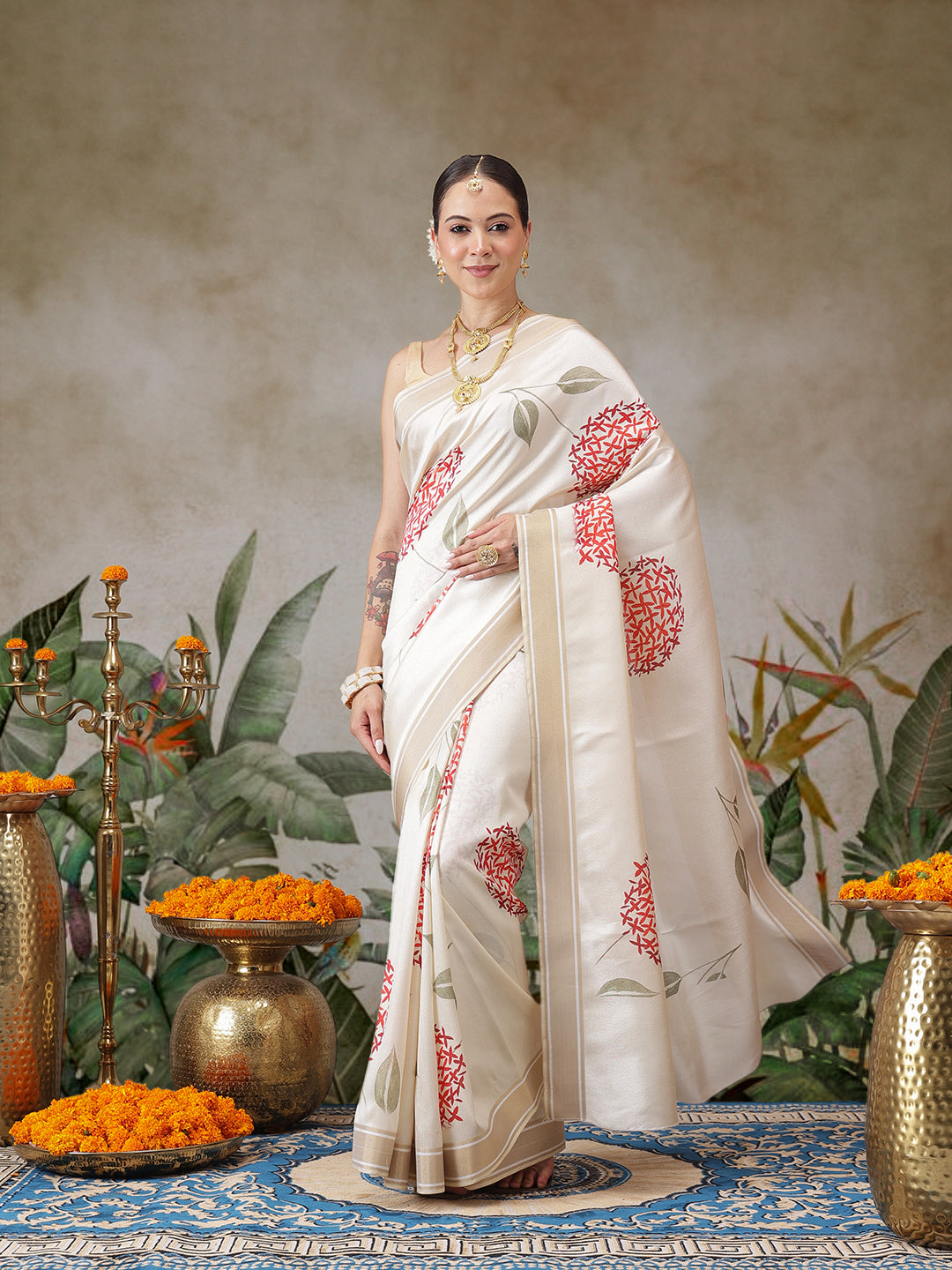 Kerala Style Digital Printed Silk Saree for Onam, Temple, & Ethnic Wear with Printed Blouse