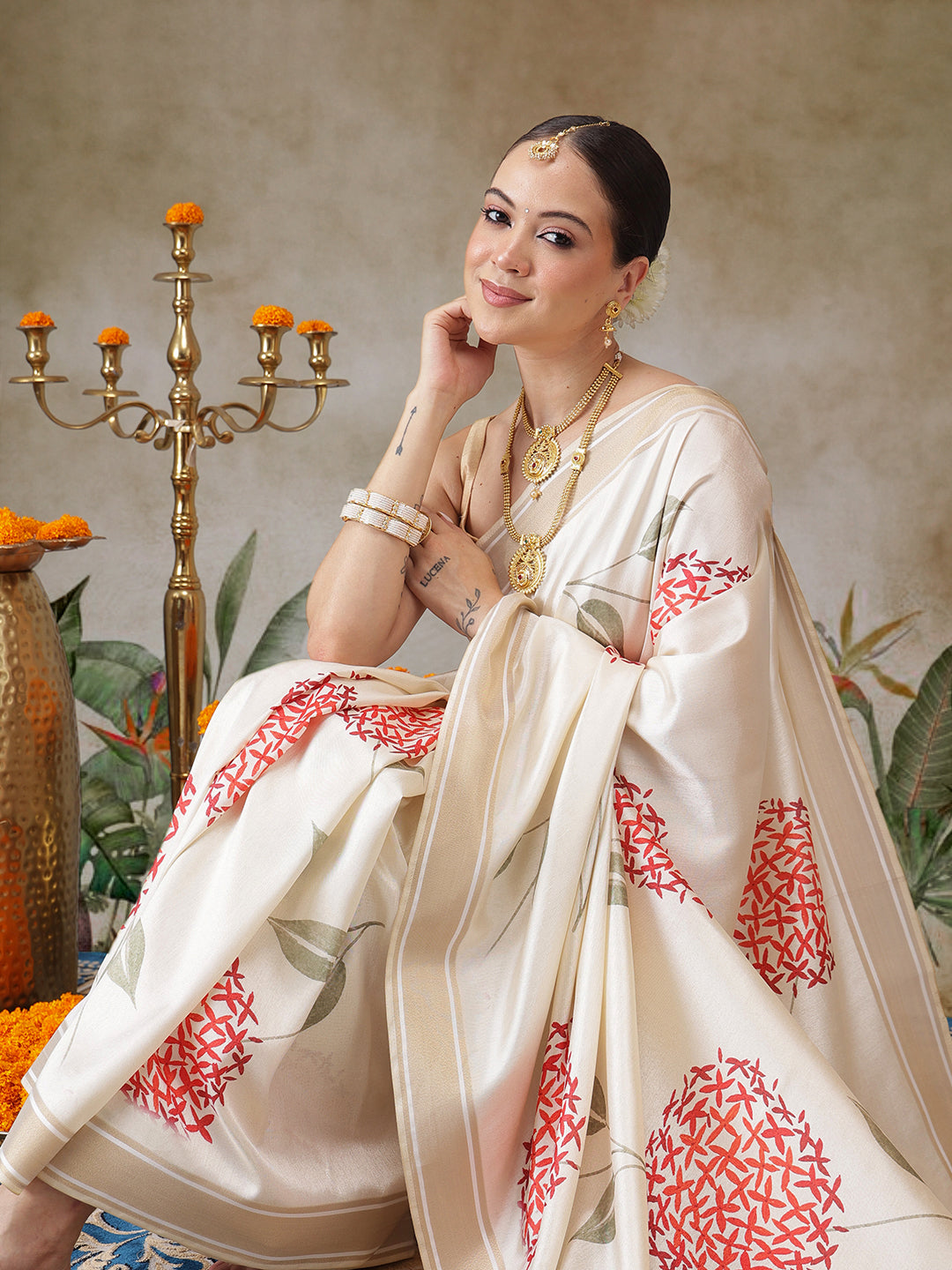 Kerala Style Digital Printed Silk Saree for Onam, Temple, & Ethnic Wear with Printed Blouse