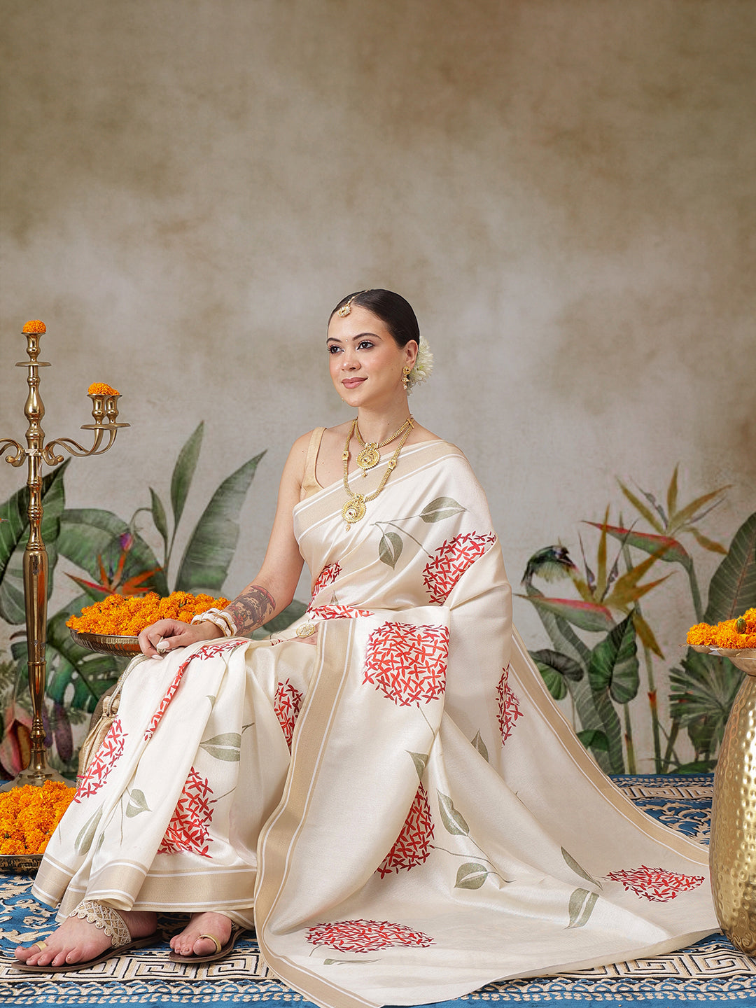 Kerala Style Digital Printed Silk Saree for Onam, Temple, & Ethnic Wear with Printed Blouse