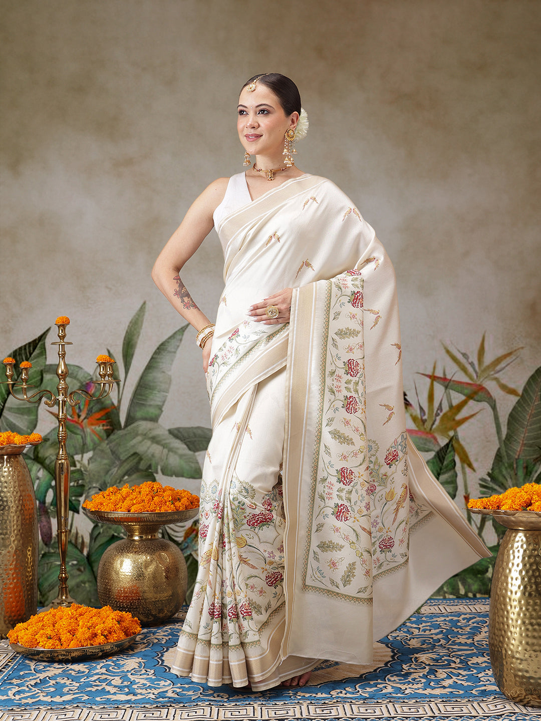 Kerala Style Digital Printed Silk Saree for Onam, Temple, & Ethnic Wear with Printed Blouse