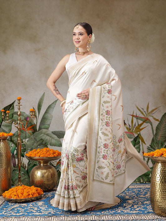 Kerala Style Digital Printed Silk Saree for Onam, Temple, & Ethnic Wear with Printed Blouse