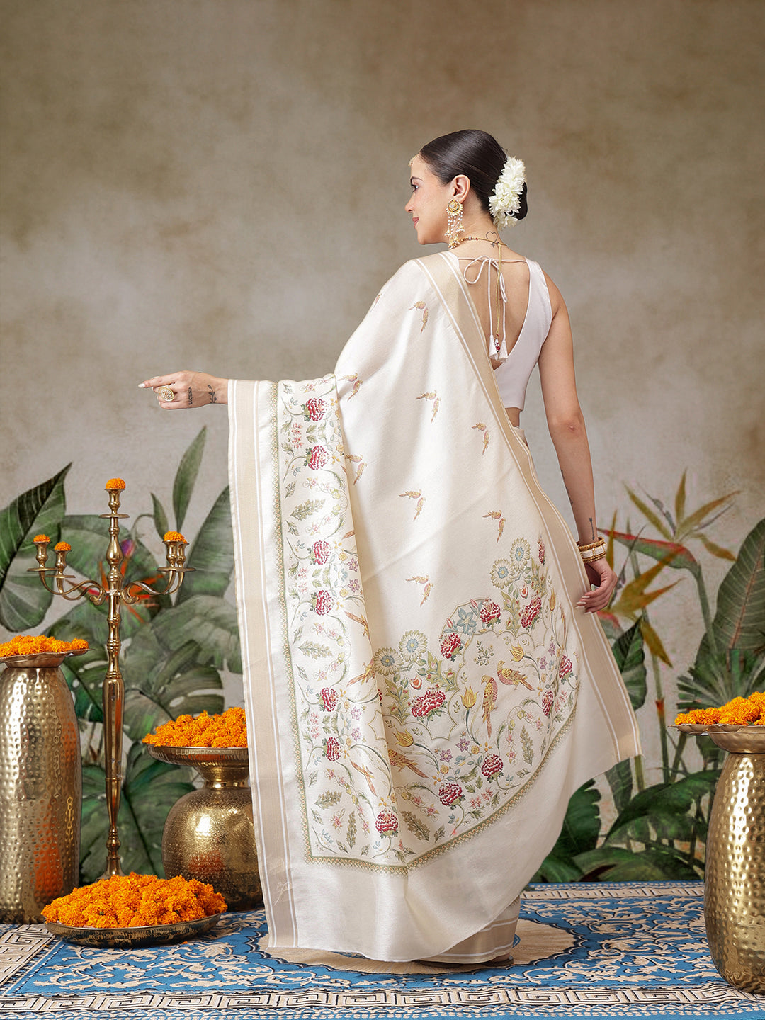 Kerala Style Digital Printed Silk Saree for Onam, Temple, & Ethnic Wear with Printed Blouse