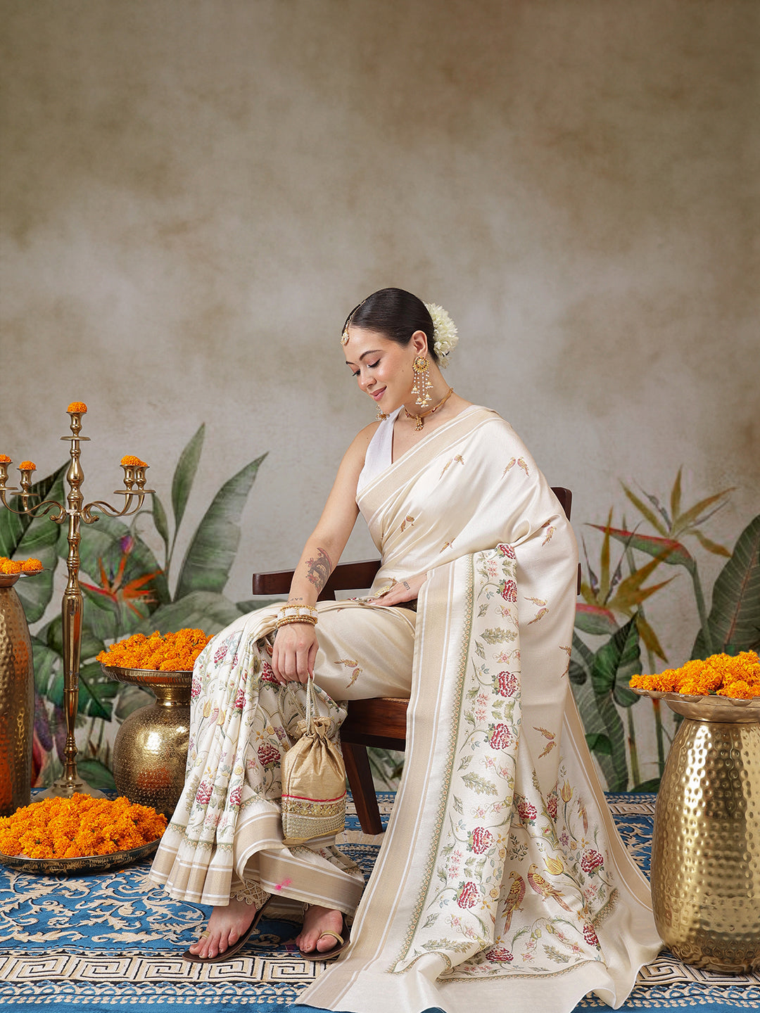 Kerala Style Digital Printed Silk Saree for Onam, Temple, & Ethnic Wear with Printed Blouse