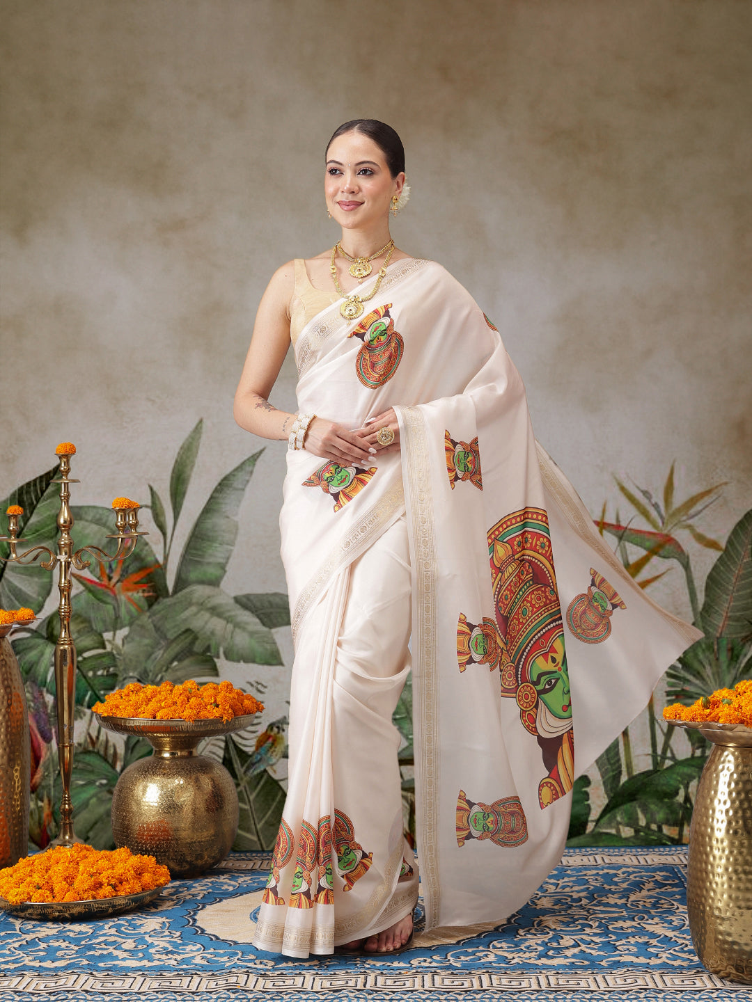 Kerala Style Digital Printed Silk Saree for Onam, Temple, & Ethnic Wear with Printed Blouse