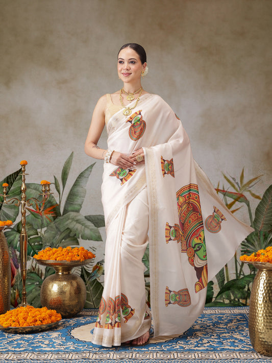 Kerala Style Digital Printed Silk Saree for Onam, Temple, & Ethnic Wear with Printed Blouse