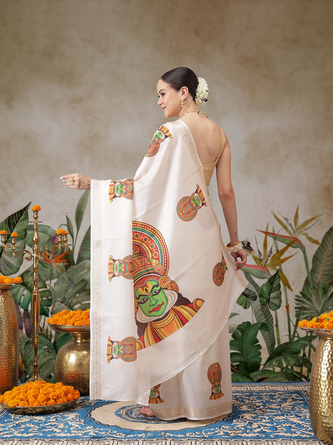 Kerala Style Digital Printed Silk Saree for Onam, Temple, & Ethnic Wear with Printed Blouse