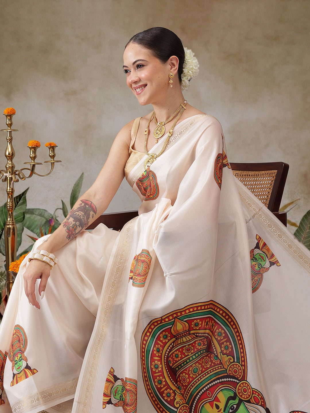 Kerala Style Digital Printed Silk Saree for Onam, Temple, & Ethnic Wear with Printed Blouse