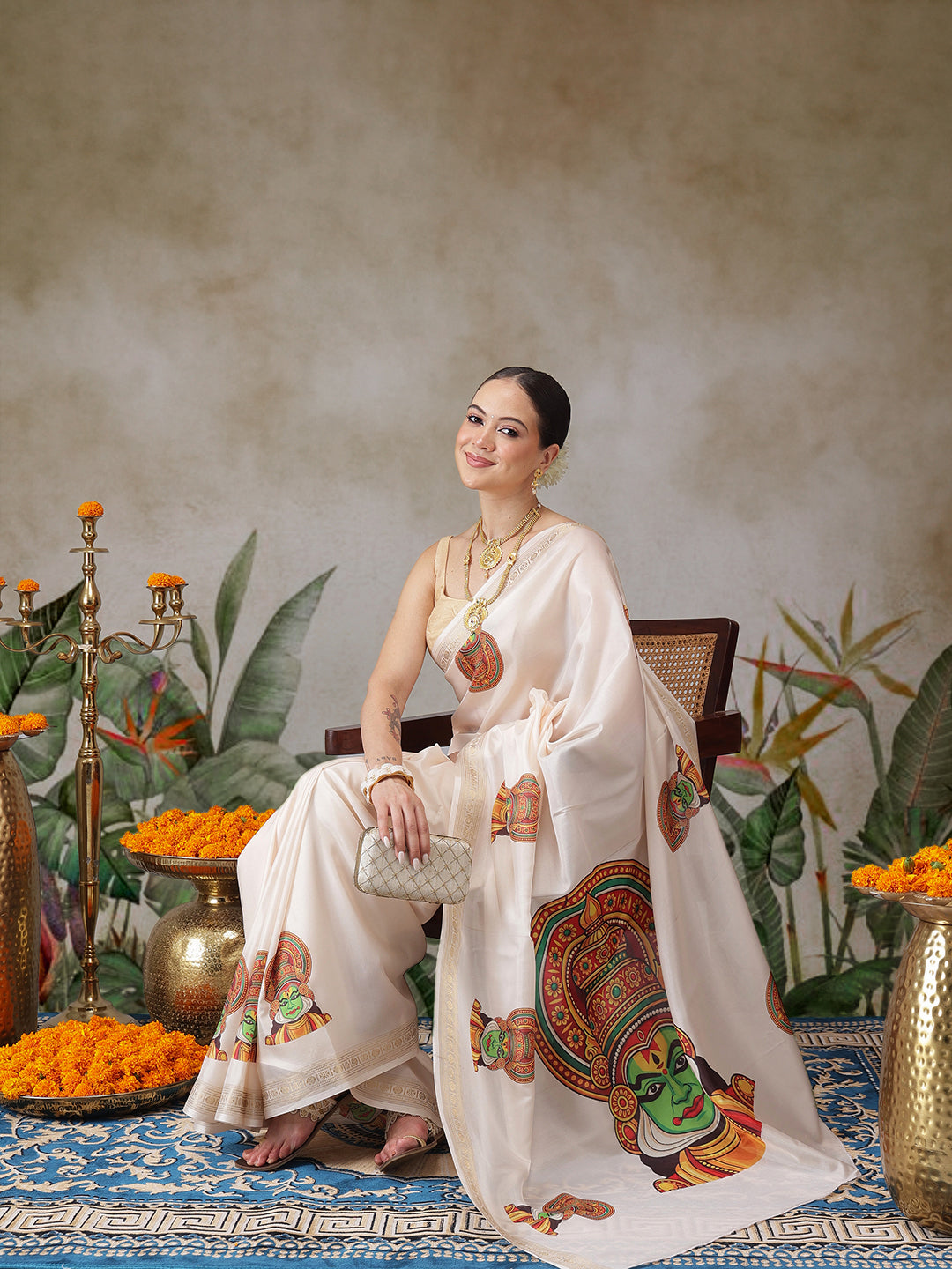 Kerala Style Digital Printed Silk Saree for Onam, Temple, & Ethnic Wear with Printed Blouse