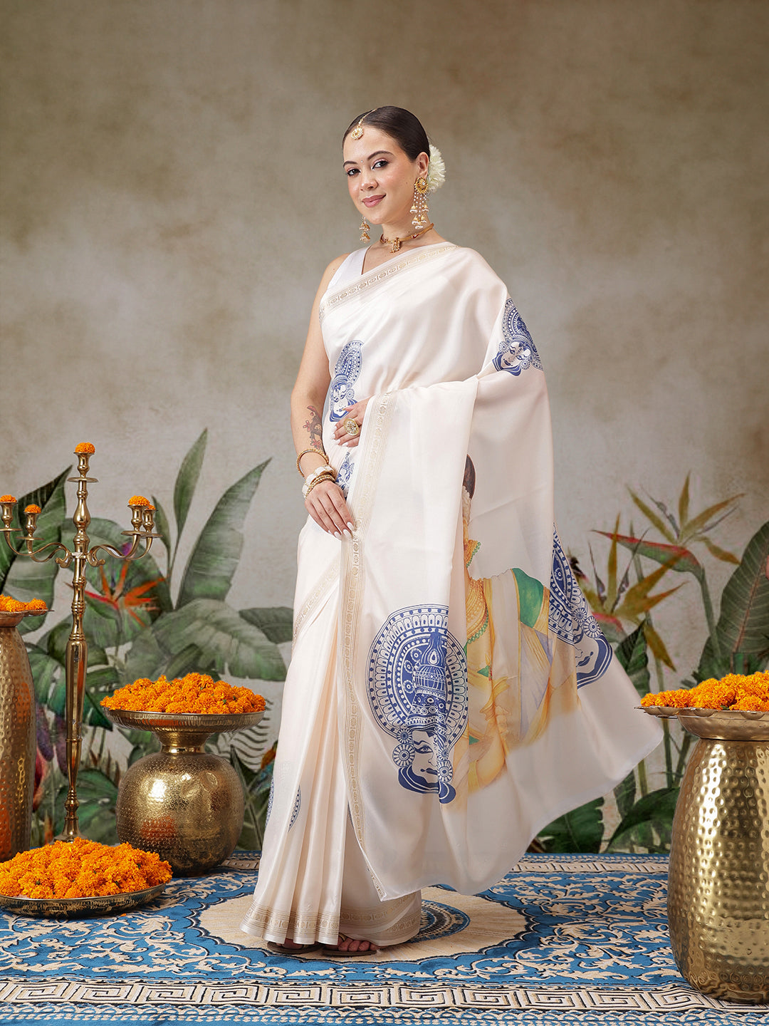 Kerala Style Digital Printed Silk Saree for Onam, Temple, & Ethnic Wear with Printed Blouse