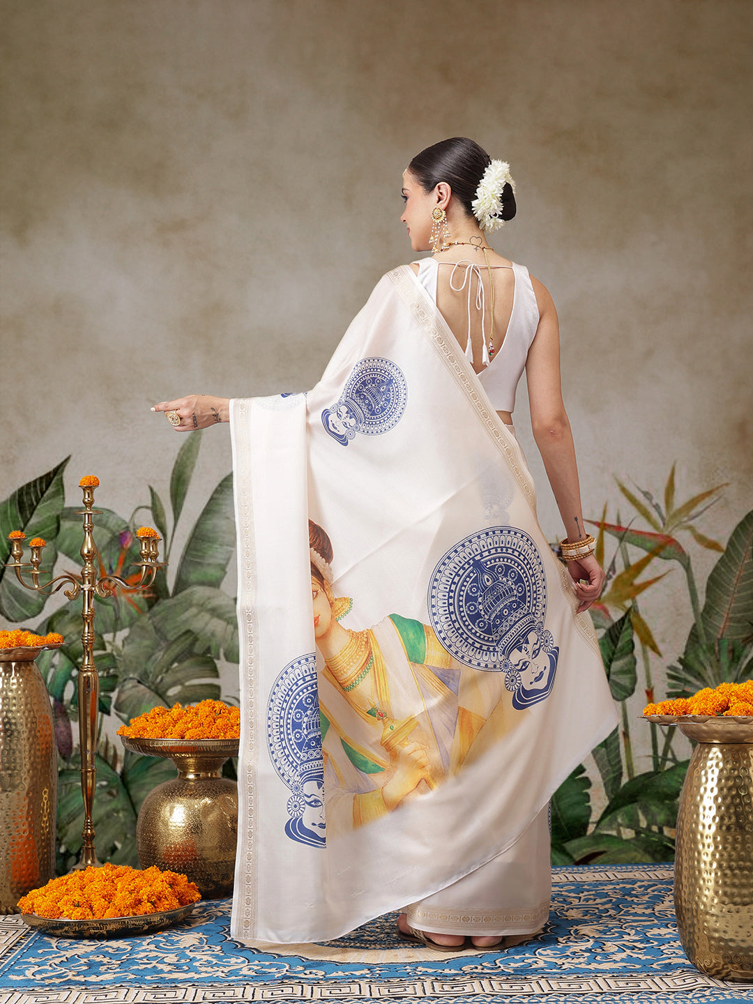 Kerala Style Digital Printed Silk Saree for Onam, Temple, & Ethnic Wear with Printed Blouse
