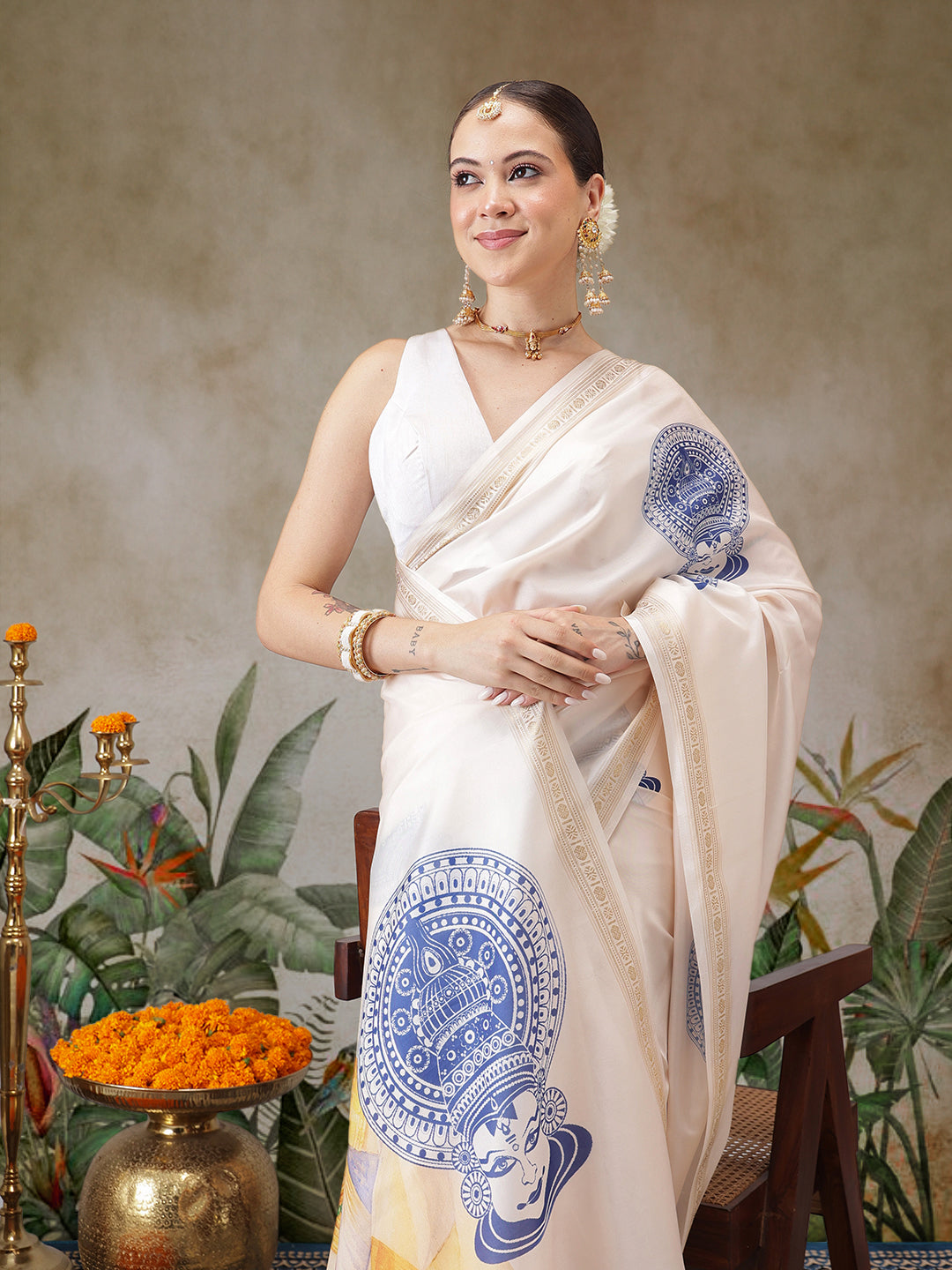 Kerala Style Digital Printed Silk Saree for Onam, Temple, & Ethnic Wear with Printed Blouse