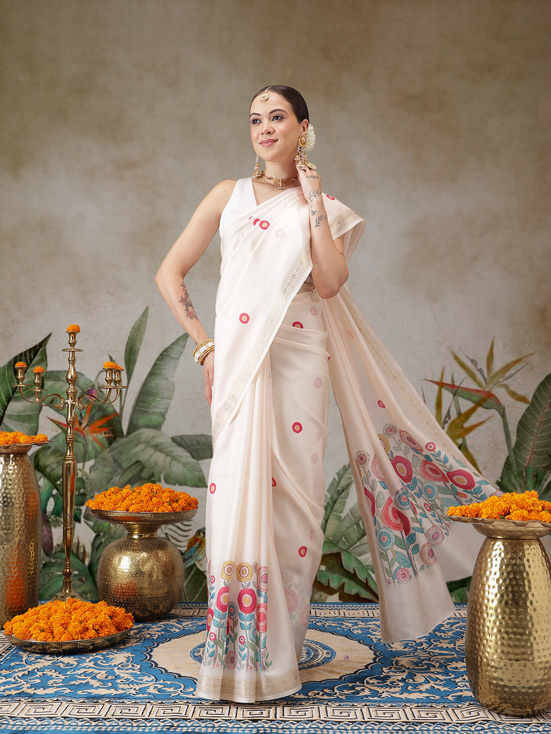 Kerala Style Digital Printed Silk Saree for Onam, Temple, & Ethnic Wear with Printed Blouse