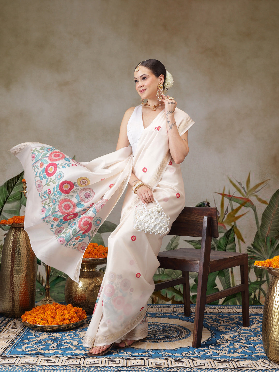 Kerala Style Digital Printed Silk Saree for Onam, Temple, & Ethnic Wear with Printed Blouse