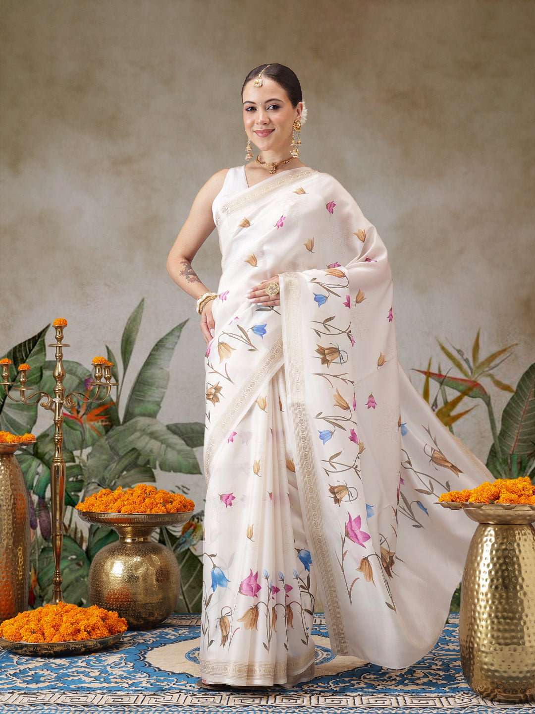 Kerala Style Digital Printed Silk Saree for Onam, Temple, & Ethnic Wear with Printed Blouse