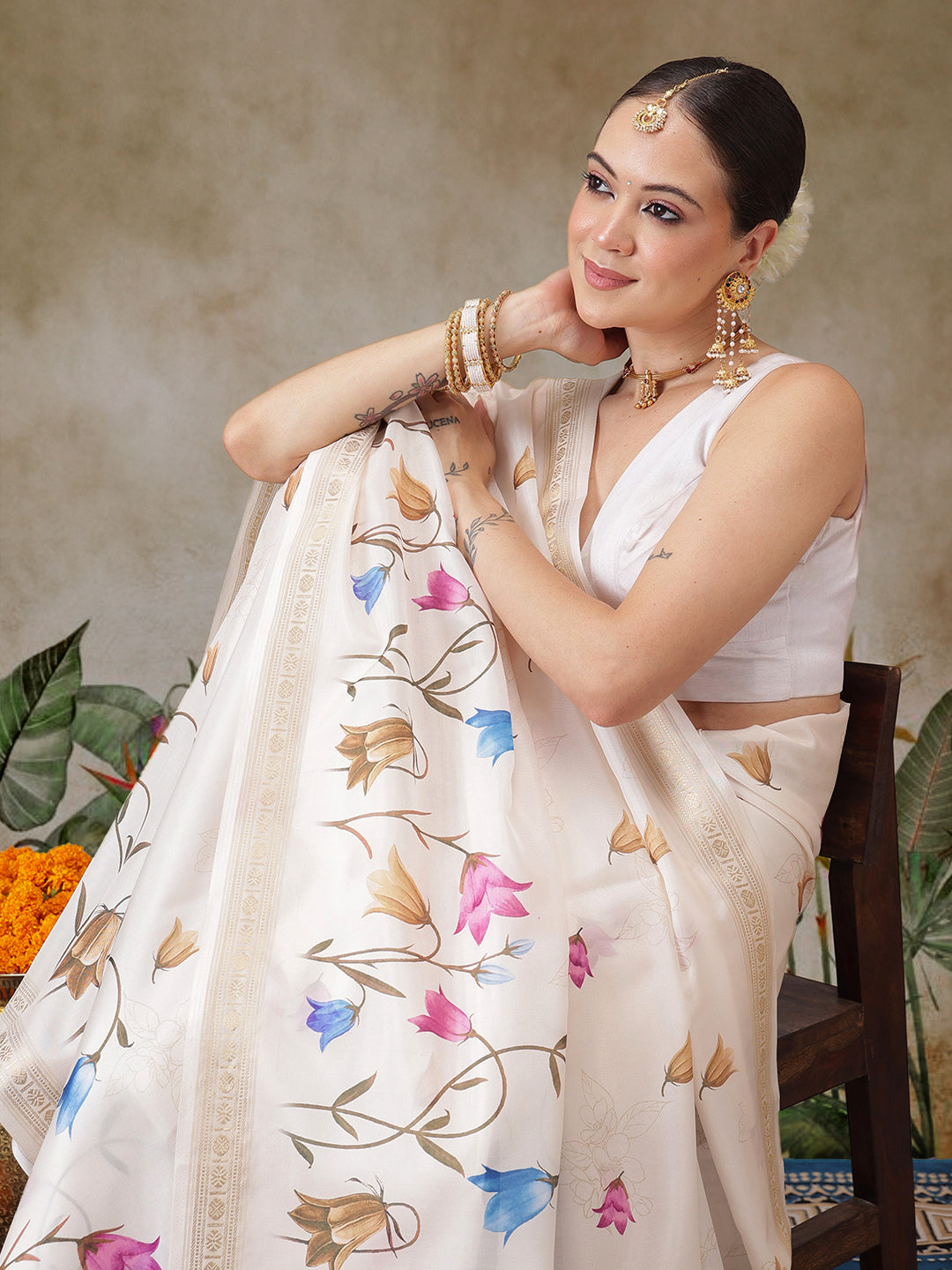 Kerala Style Digital Printed Silk Saree for Onam, Temple, & Ethnic Wear with Printed Blouse