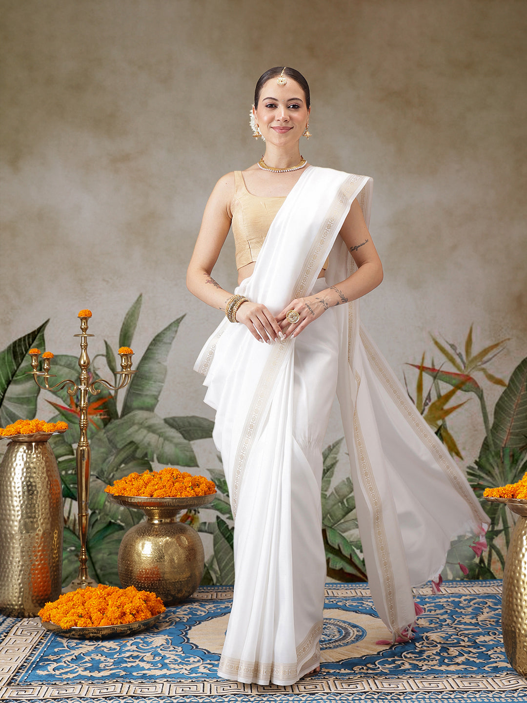 Kerala Style Digital Printed Silk Saree for Onam, Temple, & Ethnic Wear with Printed Blouse