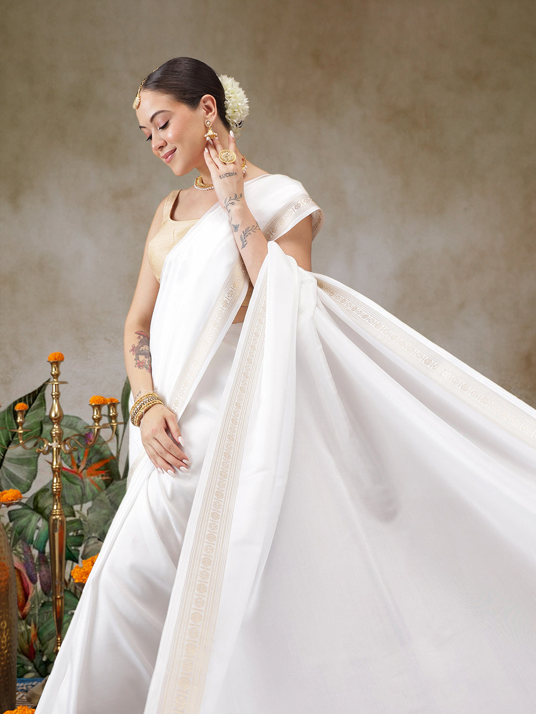 Kerala Style Digital Printed Silk Saree for Onam, Temple, & Ethnic Wear with Printed Blouse