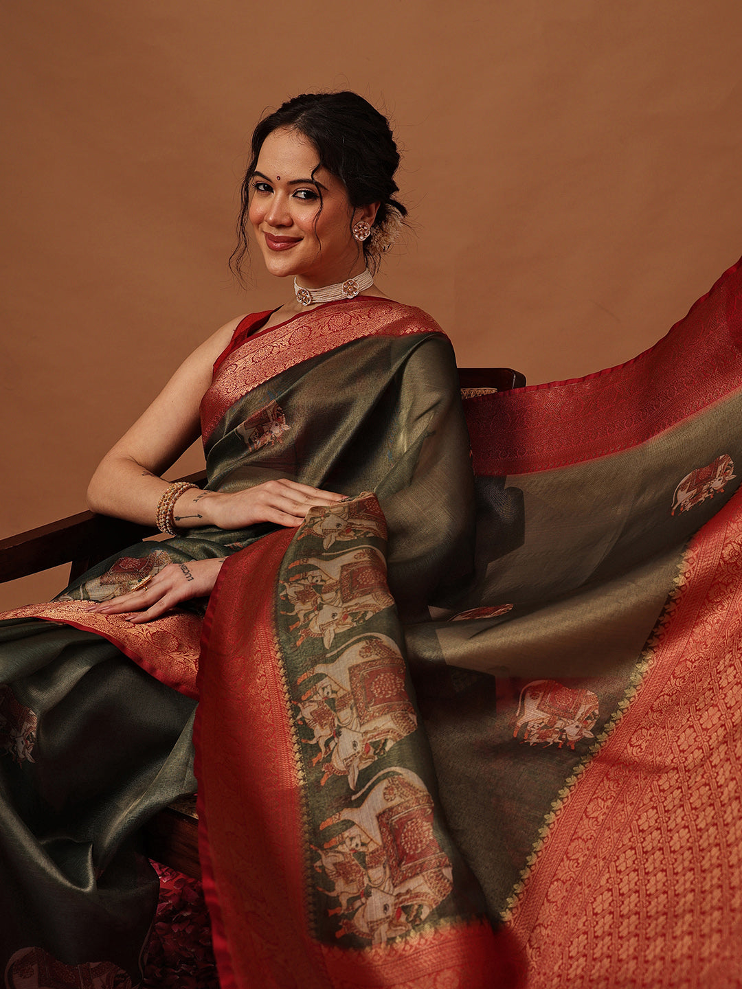 Tissue Zari Digital Printed Pichwai Saree With Rich Pallu