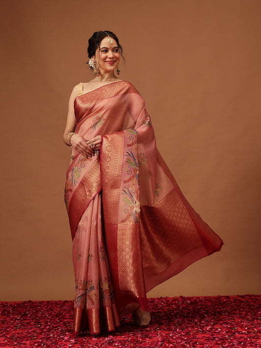 Tissue Zari Digital Printed Pichwai Saree With Rich Pallu