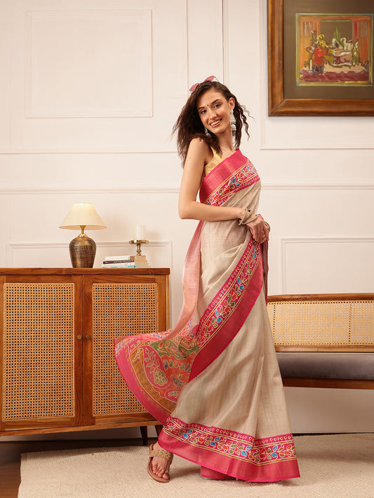 Traditional Women's Kotha Silk Bengali Style Digital Printed Saree