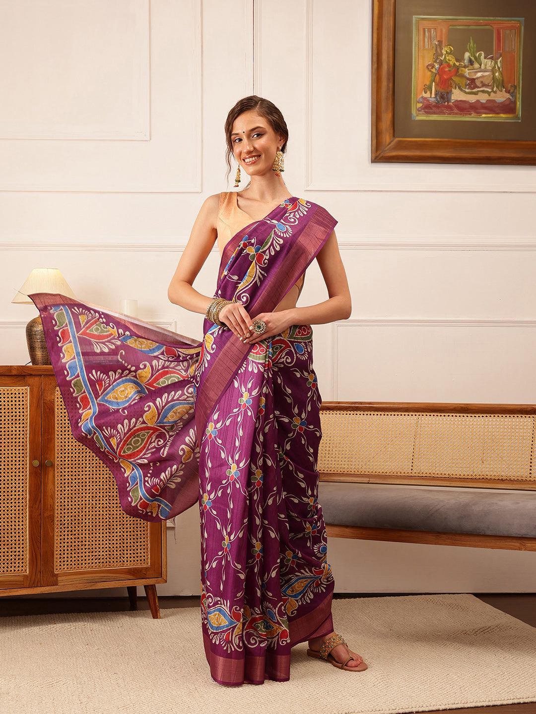 Traditional Women's Kotha Silk Bengali Style Digital Printed Saree