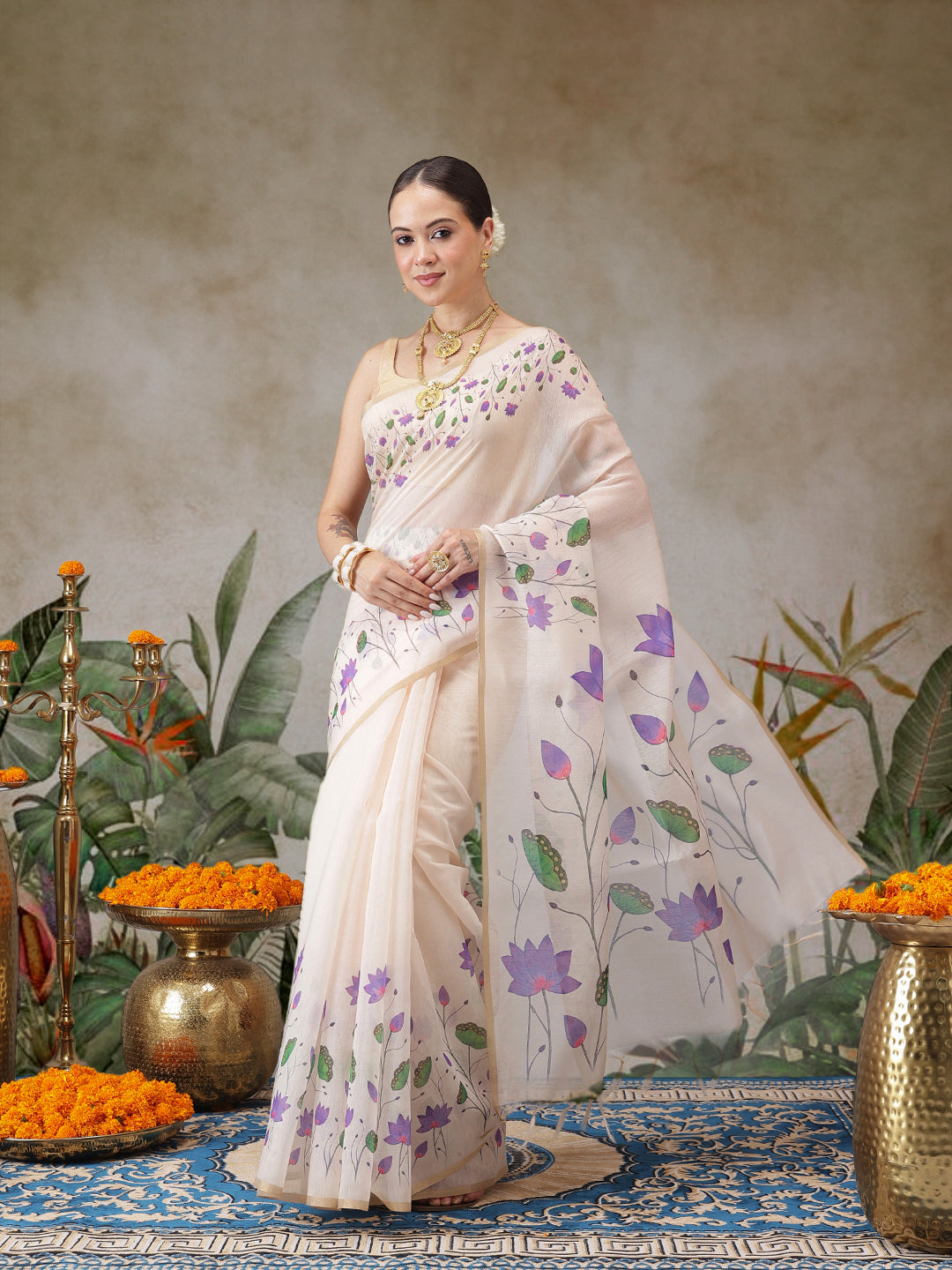 Onam Inspired Floral Printed Chanderi Kerla Cotton Saree With Printed Blouse