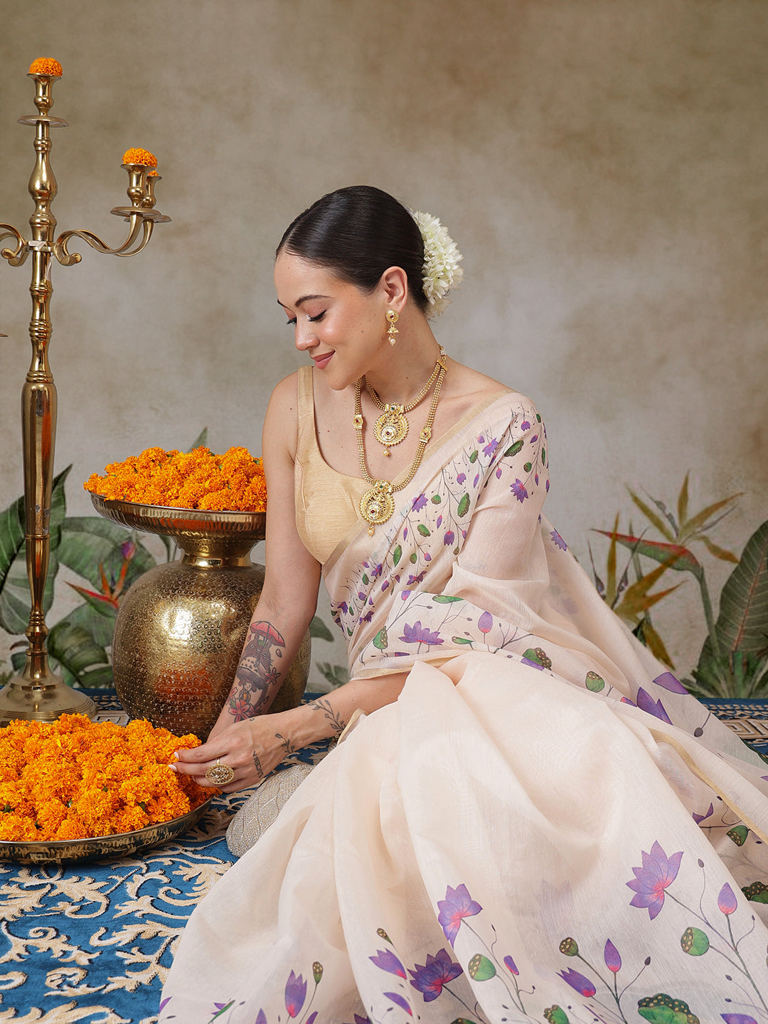 Onam Inspired Floral Printed Chanderi Kerla Cotton Saree With Printed Blouse