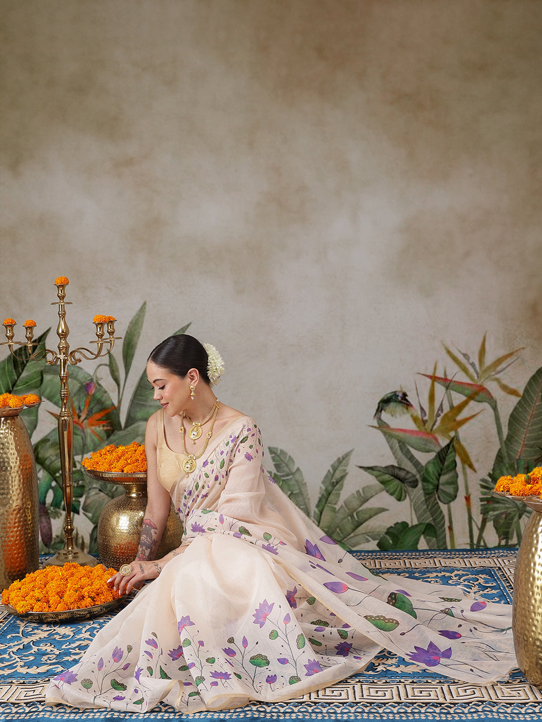Onam Inspired Floral Printed Chanderi Kerla Cotton Saree With Printed Blouse