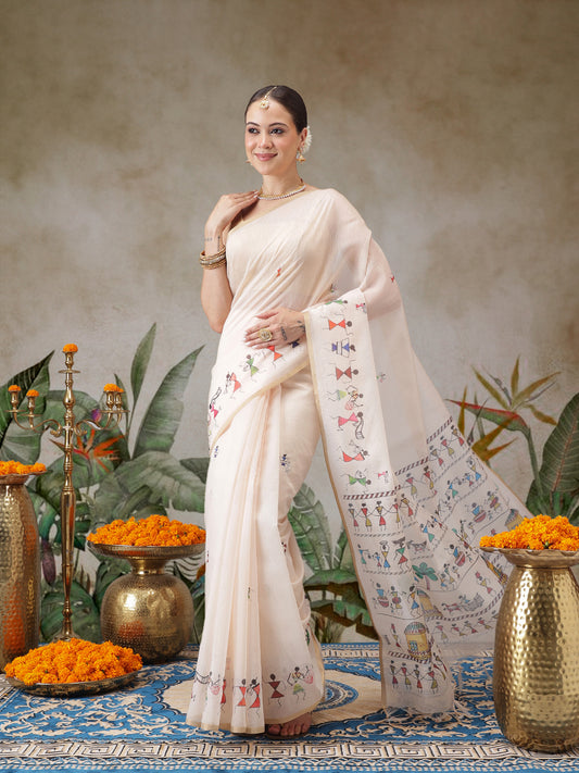 Warli Printed Cotton Blend Chanderi Saree With Printed Blouse Piece