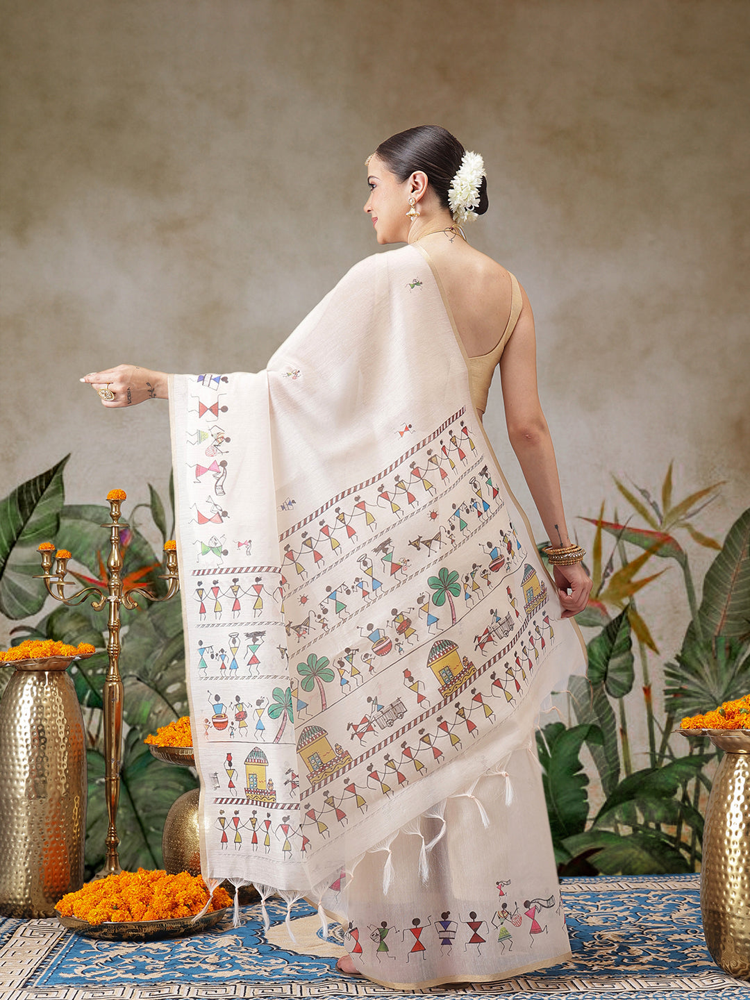 Warli Printed Cotton Blend Chanderi Saree With Printed Blouse Piece