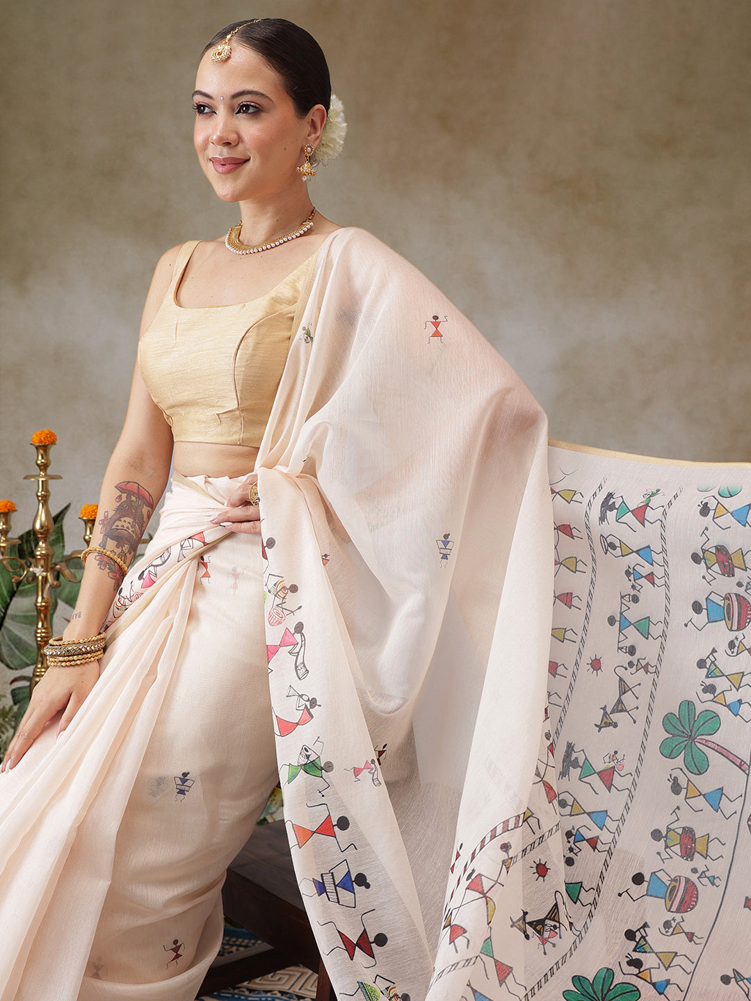Warli Printed Cotton Blend Chanderi Saree With Printed Blouse Piece