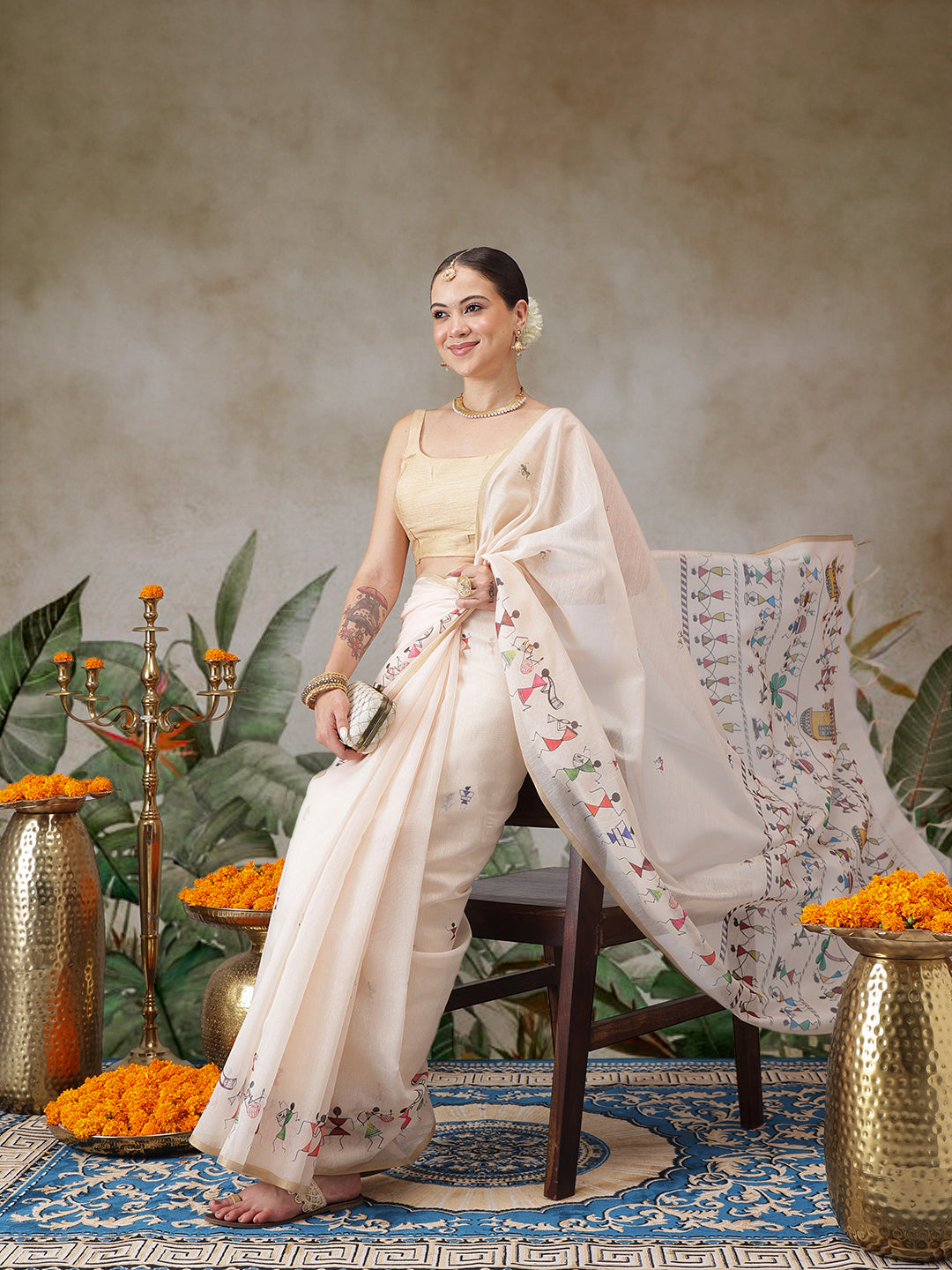 Warli Printed Cotton Blend Chanderi Saree With Printed Blouse Piece