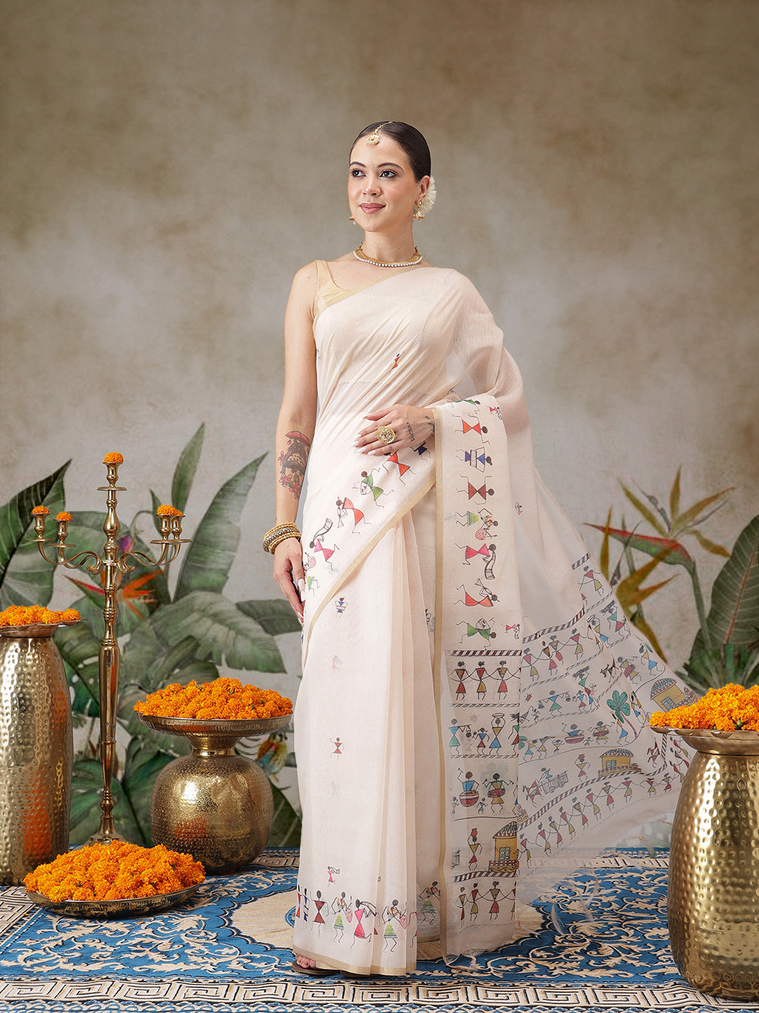 Warli Printed Cotton Blend Chanderi Saree With Printed Blouse Piece