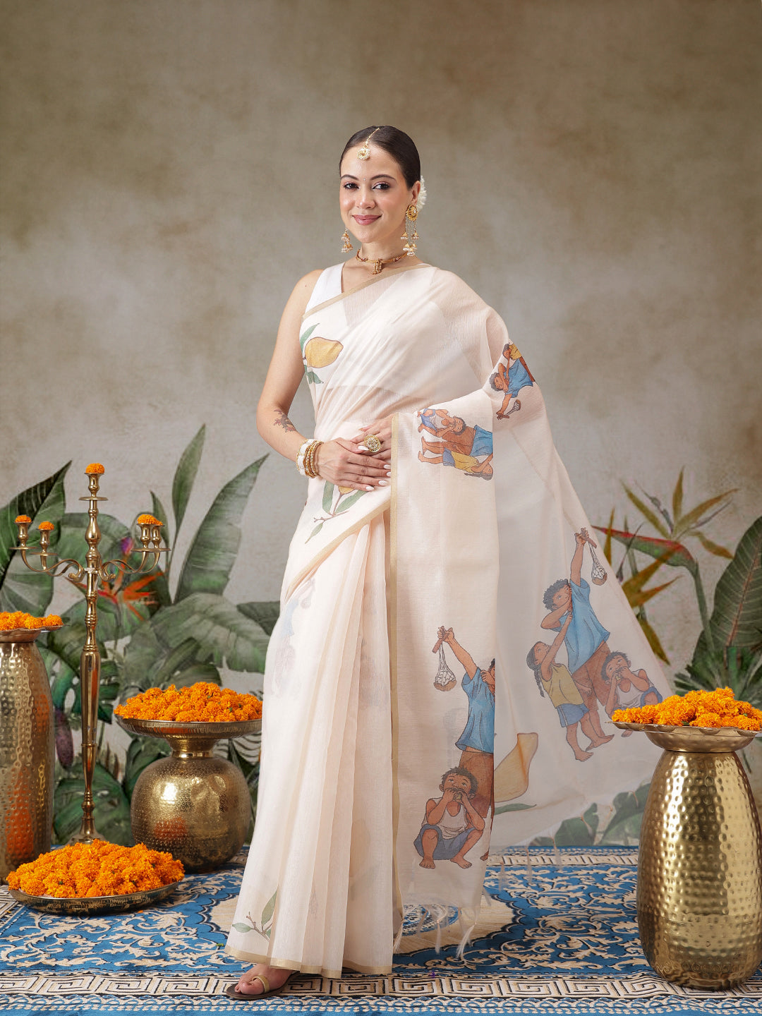 Chanderi Cotton Mango Printed Unique Saree With Printed Blouse Piece