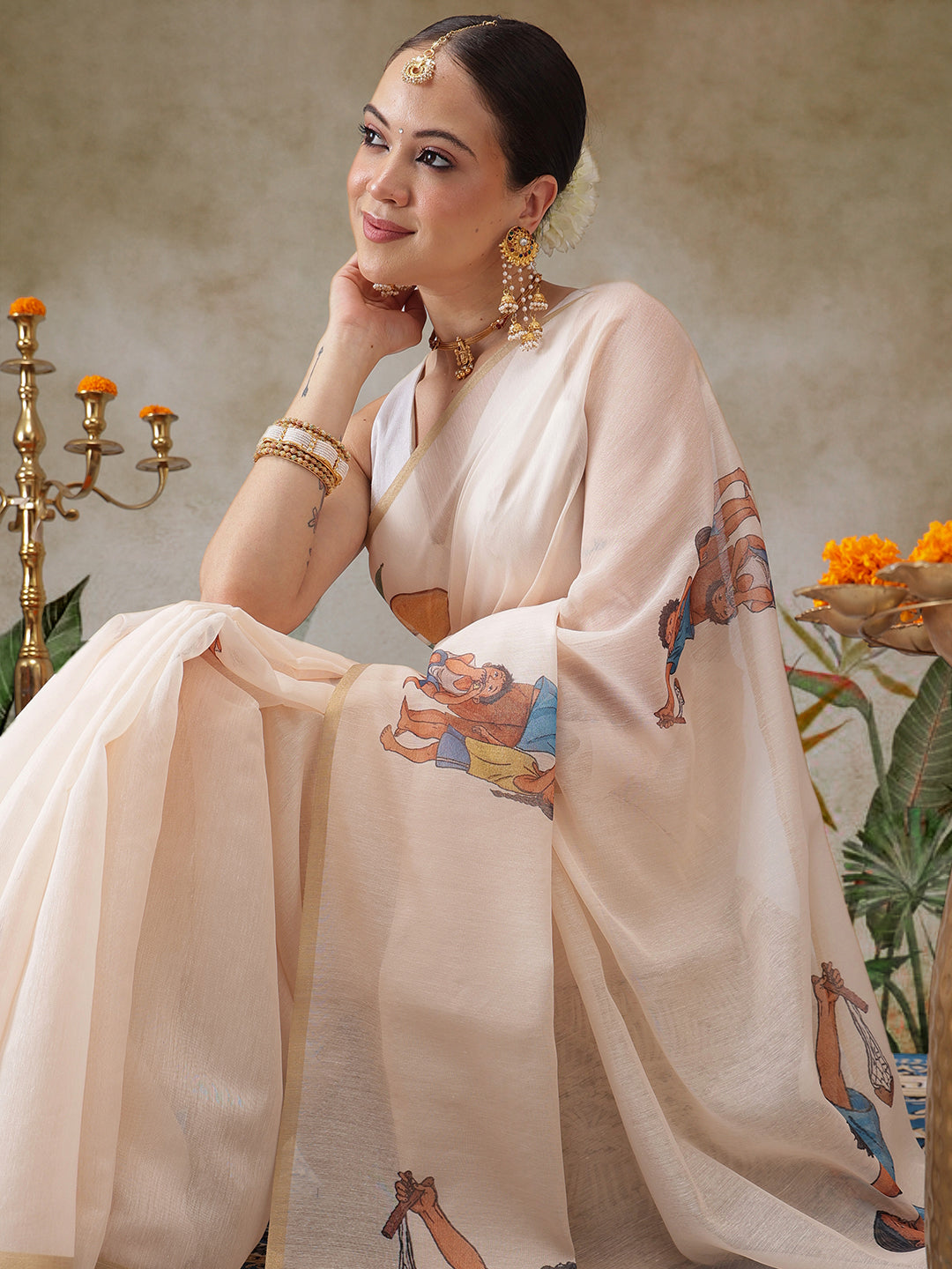 Chanderi Cotton Mango Printed Unique Saree With Printed Blouse Piece